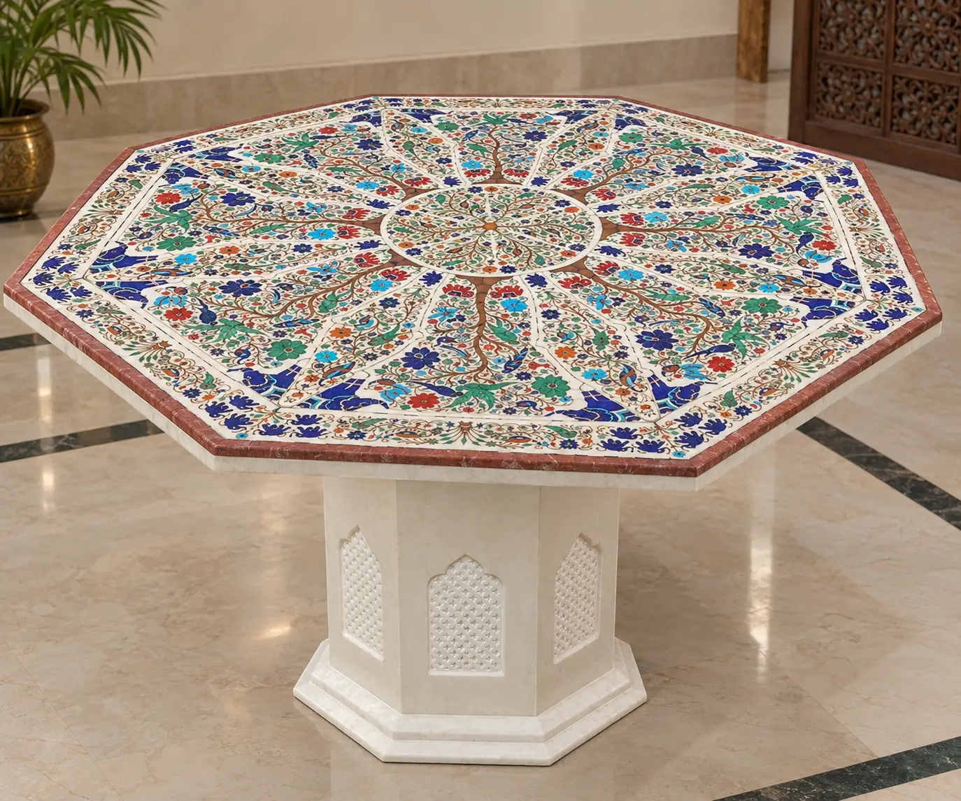 5X5 Feet Master Piece White Marble Inlay Table Top having a Beautiful Birds & Animals Tree Of Life Design alternate view