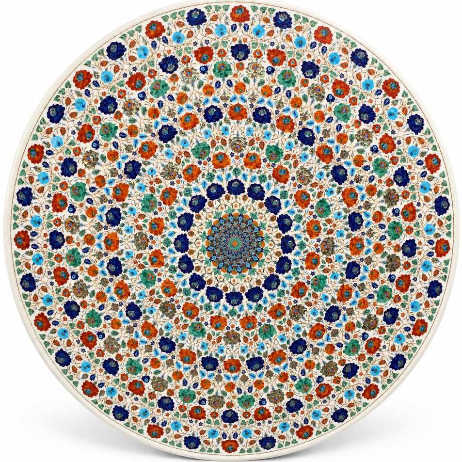 70-Inch Carnelian Rose Pietra Dura Marble Inlay Dining Table Top close detail
