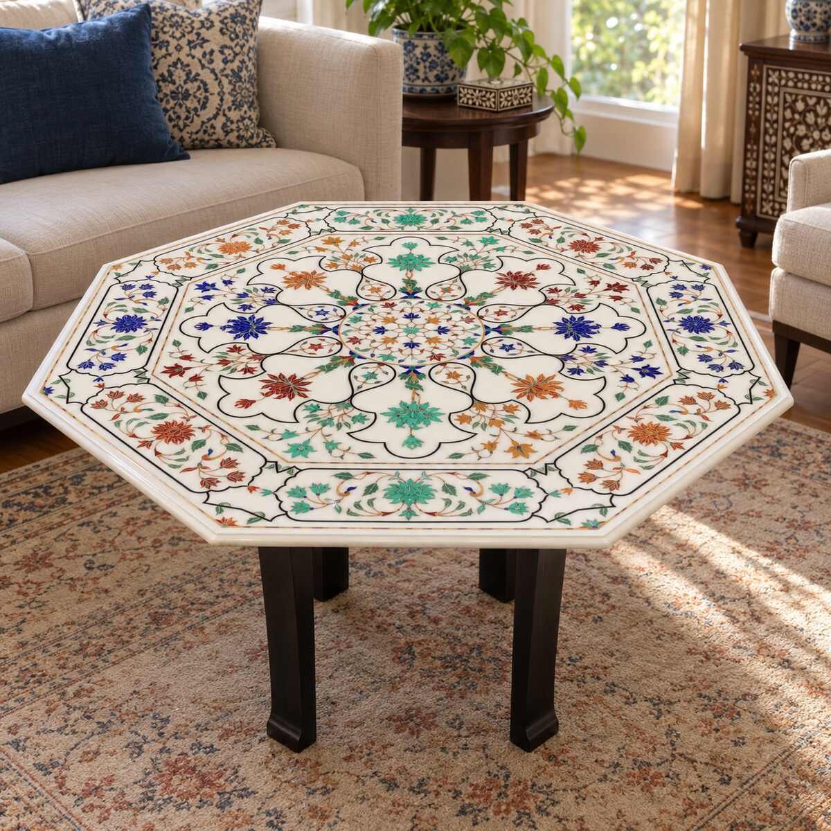 48-Inch Octagonal Taj Mahal Floral Marble Inlay Table Top close detail
