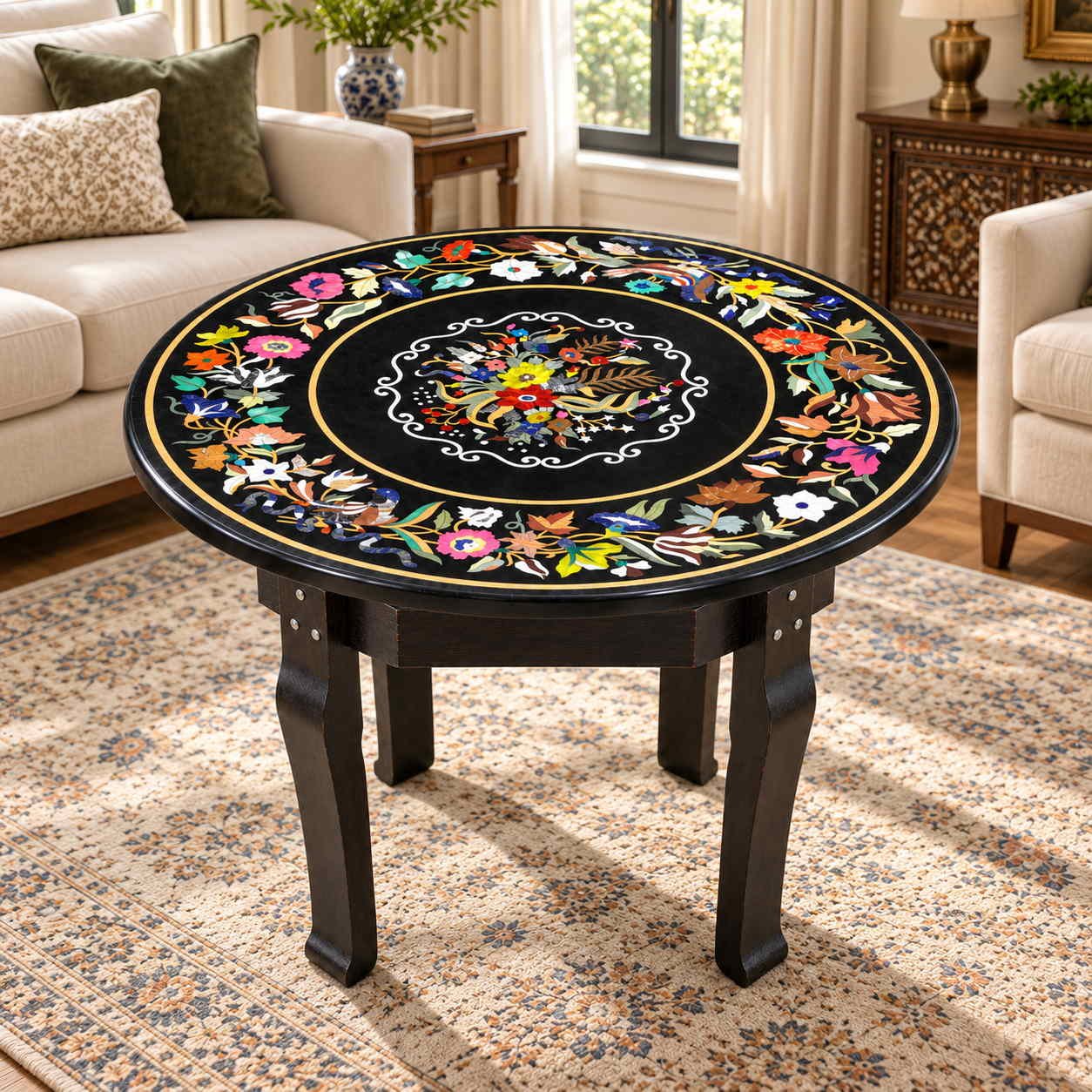 48-Inch Round Floral Pietra Dura Marble Dining Table Top alternate view