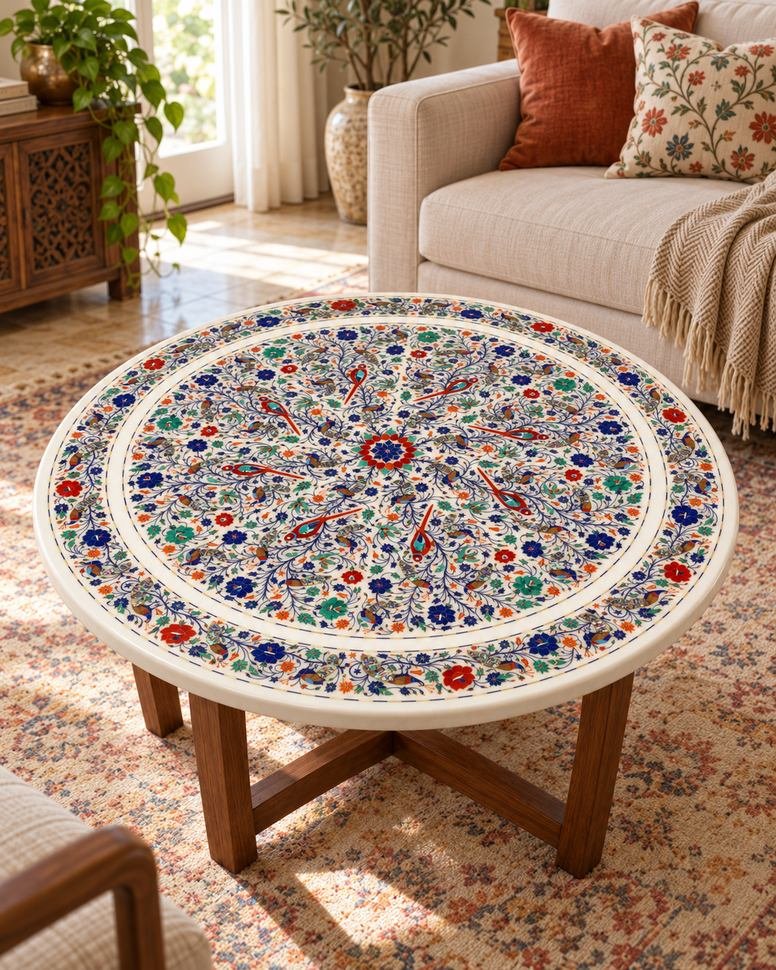 44-Inch Parrot & Peacock Marble Inlay Dining Table Top close detail