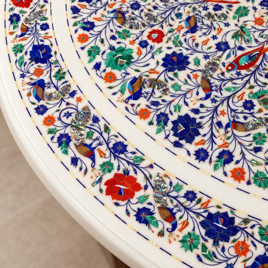 44-Inch Parrot & Peacock Marble Inlay Dining Table Top alternate view