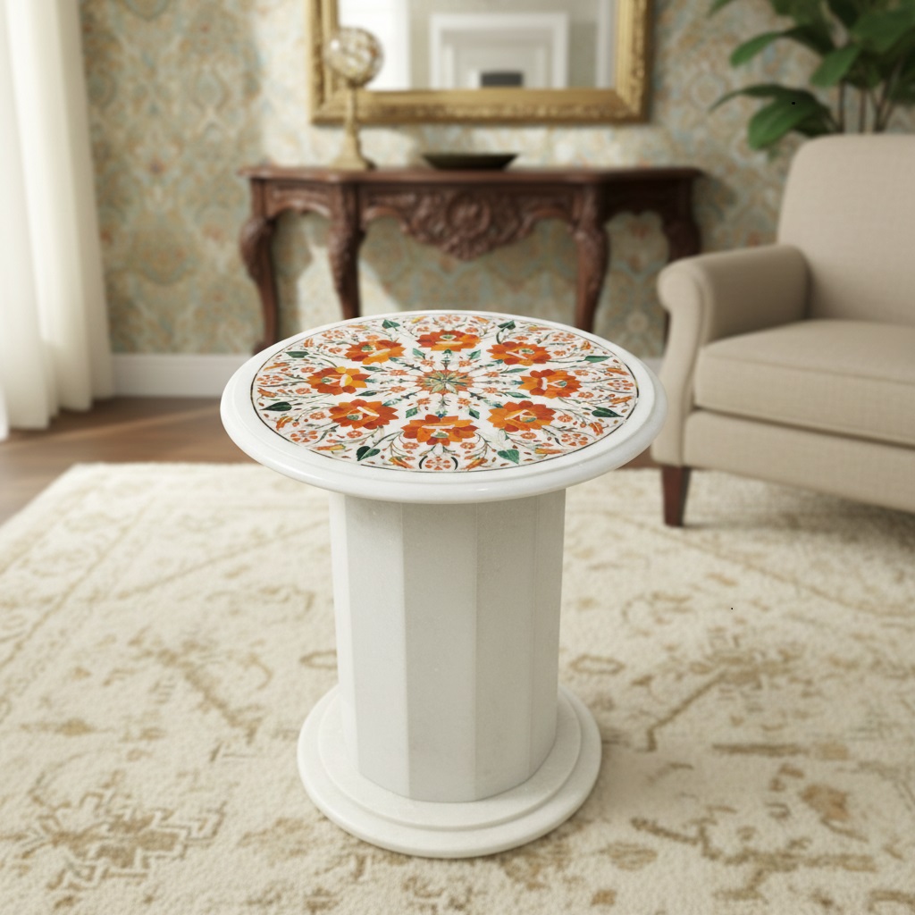 16 Inch Round Marble Inlay End Table – Handmade Side Table for Small Spaces alternate view