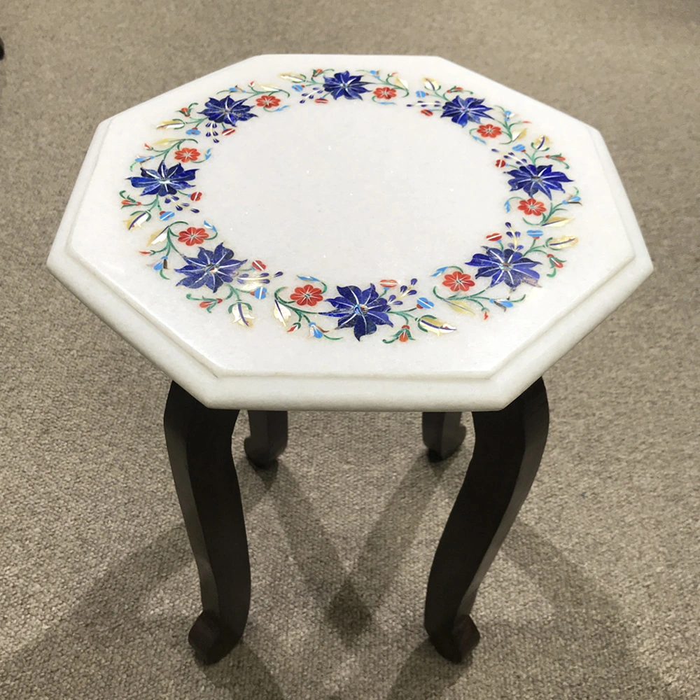 Exquisite Octagonal Marble Inlay Side Table with Floral Design close detail