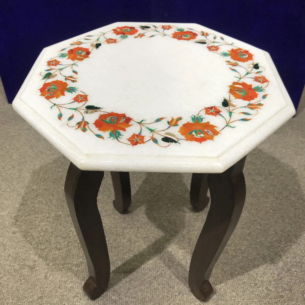 Exquisite Handcrafted Marble Inlay Table with Floral Design alternate view