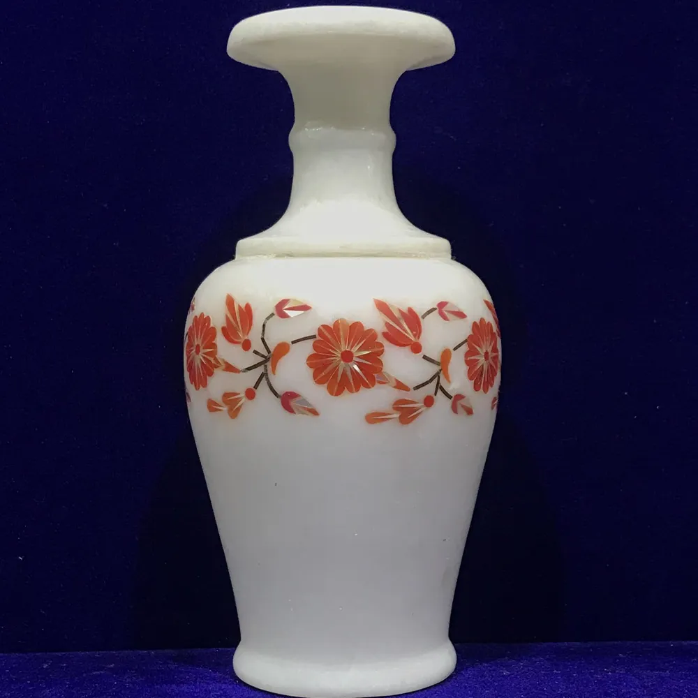 Elegant Marble Inlay Vase with Intricate Floral Design alternate view