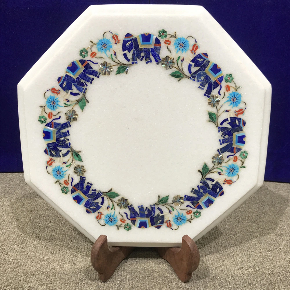 Handcrafted Marble Inlay Table with Elephant Floral Design