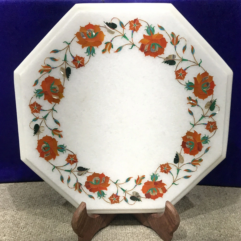 Exquisite Handcrafted Marble Inlay Table with Floral Design close detail