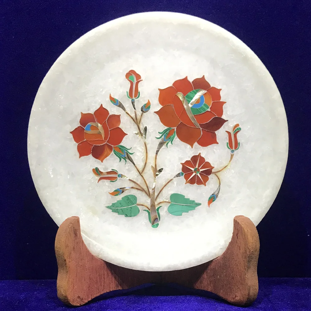 Exquisite Marble Inlay Plate with Carnelian Stone