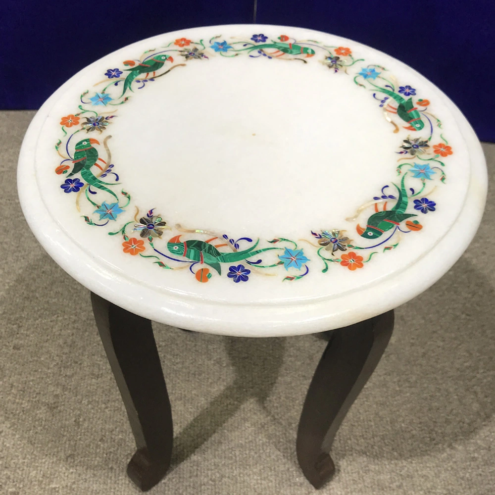 Elegant Round White Marble Side Table with Inlaid Floral Design alternate view