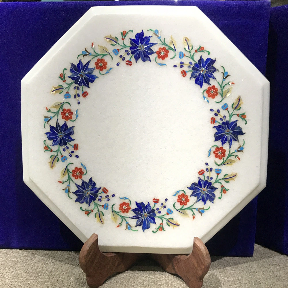 Exquisite Octagonal Marble Inlay Side Table with Floral Design alternate view