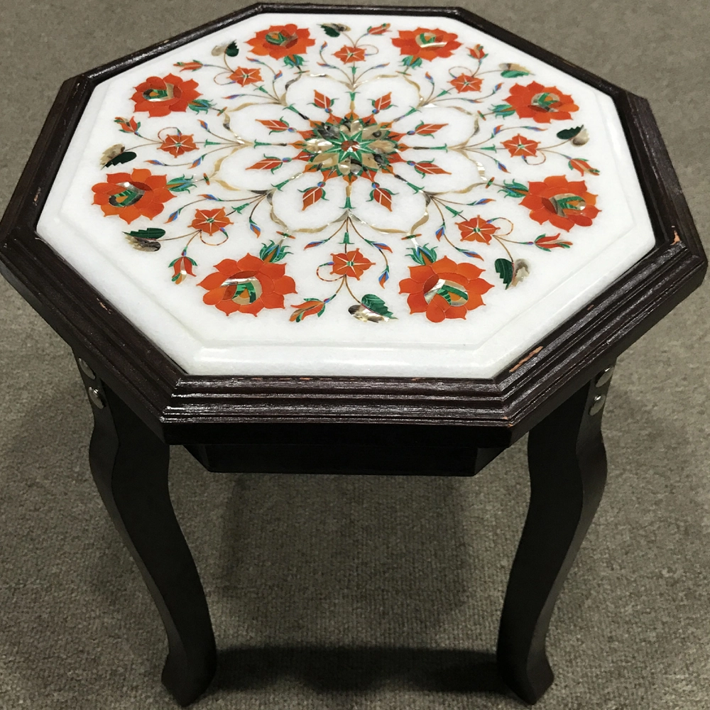 Octagonal Marble Inlay Side Table with Vibrant Floral Pattern alternate view