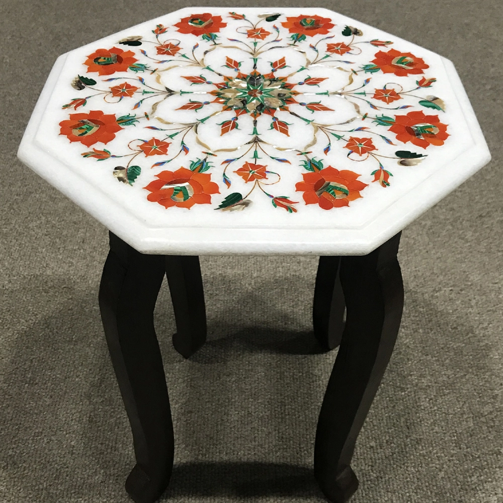 Octagonal Marble Inlay Side Table with Vibrant Floral Pattern close detail