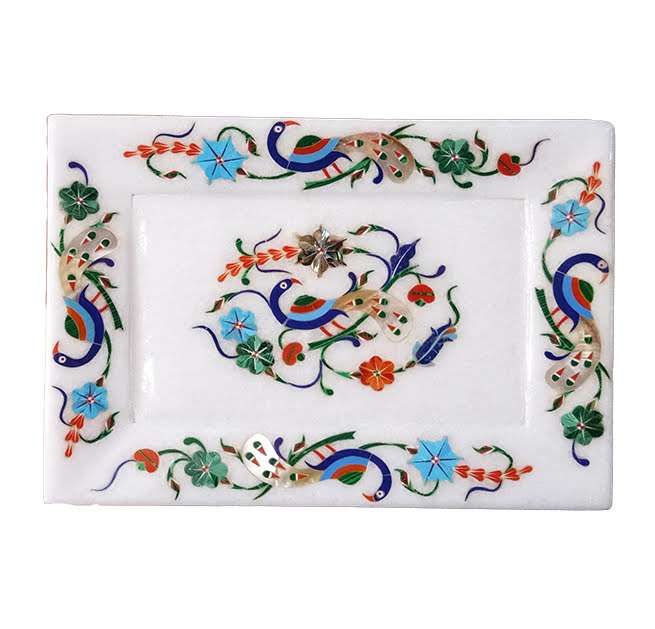 Peacock Design Inlaid Marble Serving Tray