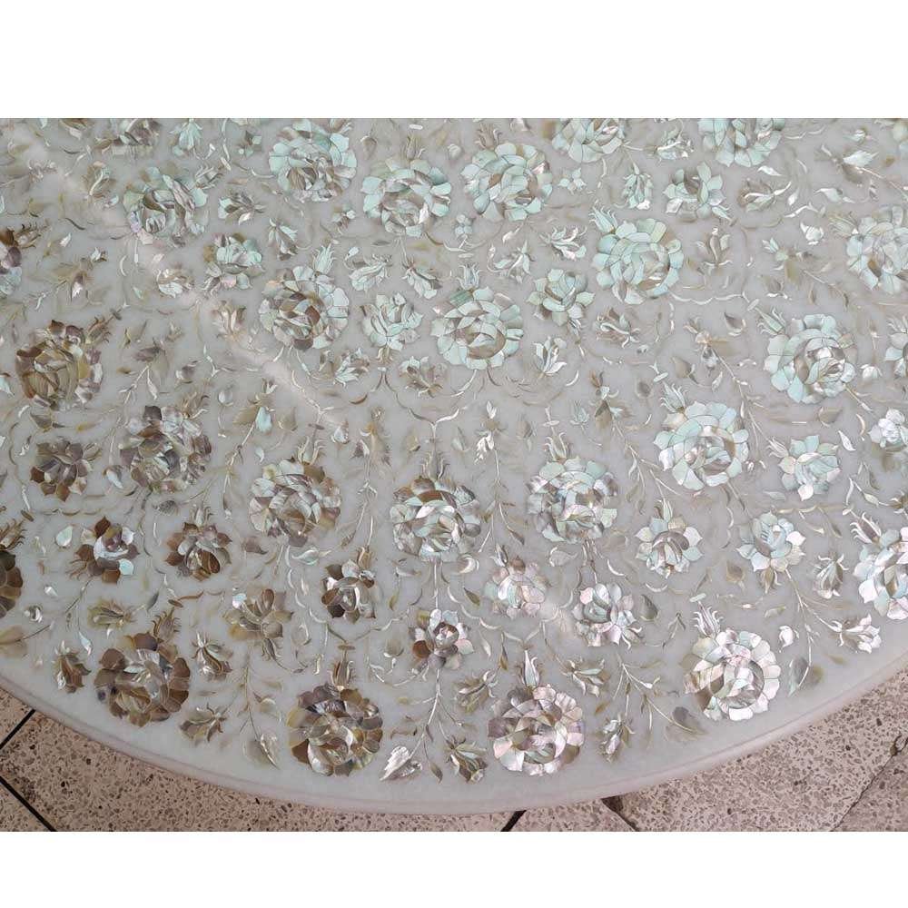 White Marble Inlaid Mother Pearl Dining Table Top