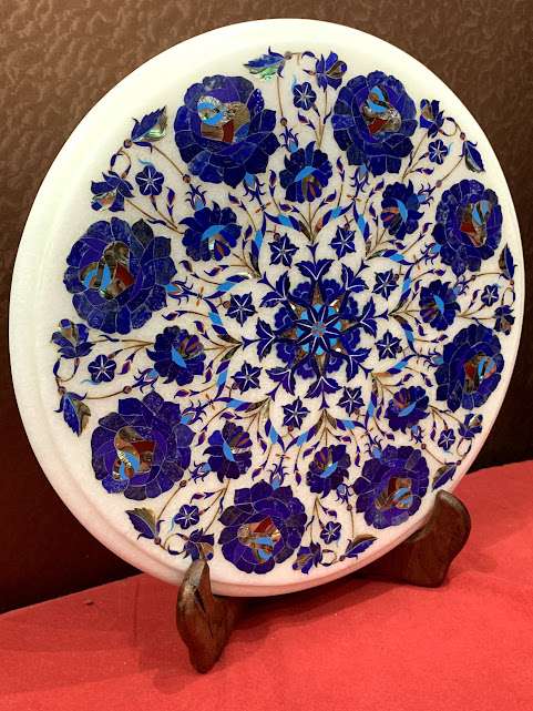 Inlaid Lapis Lazuli Round White Marble Side Table Top India alternate view