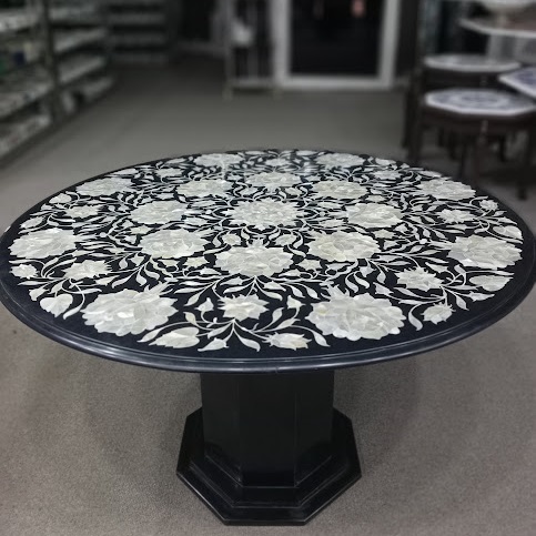 Mop Inlaid Round Black Marble Inlay Coffee & Dining Table close detail