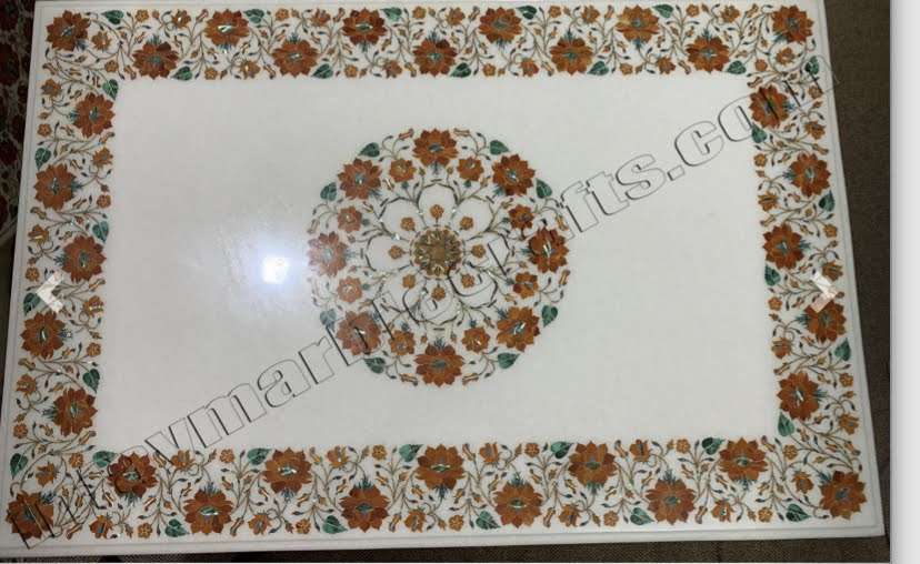 Rectangle White Marble Inlay Dining Table| Coffee Table alternate view