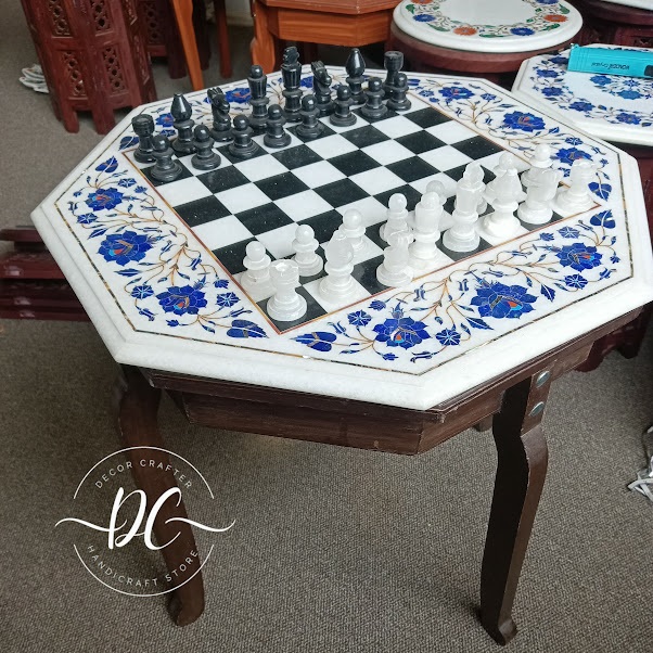 16 Inch Marble Inlay Chess Table Top & Royal Chess Set