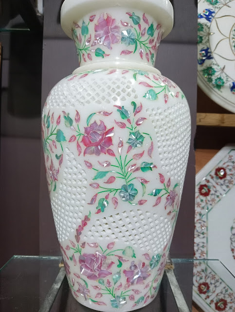 Unique Mother of Pearl Inlaid Marble Vase with Filigree work alternate view