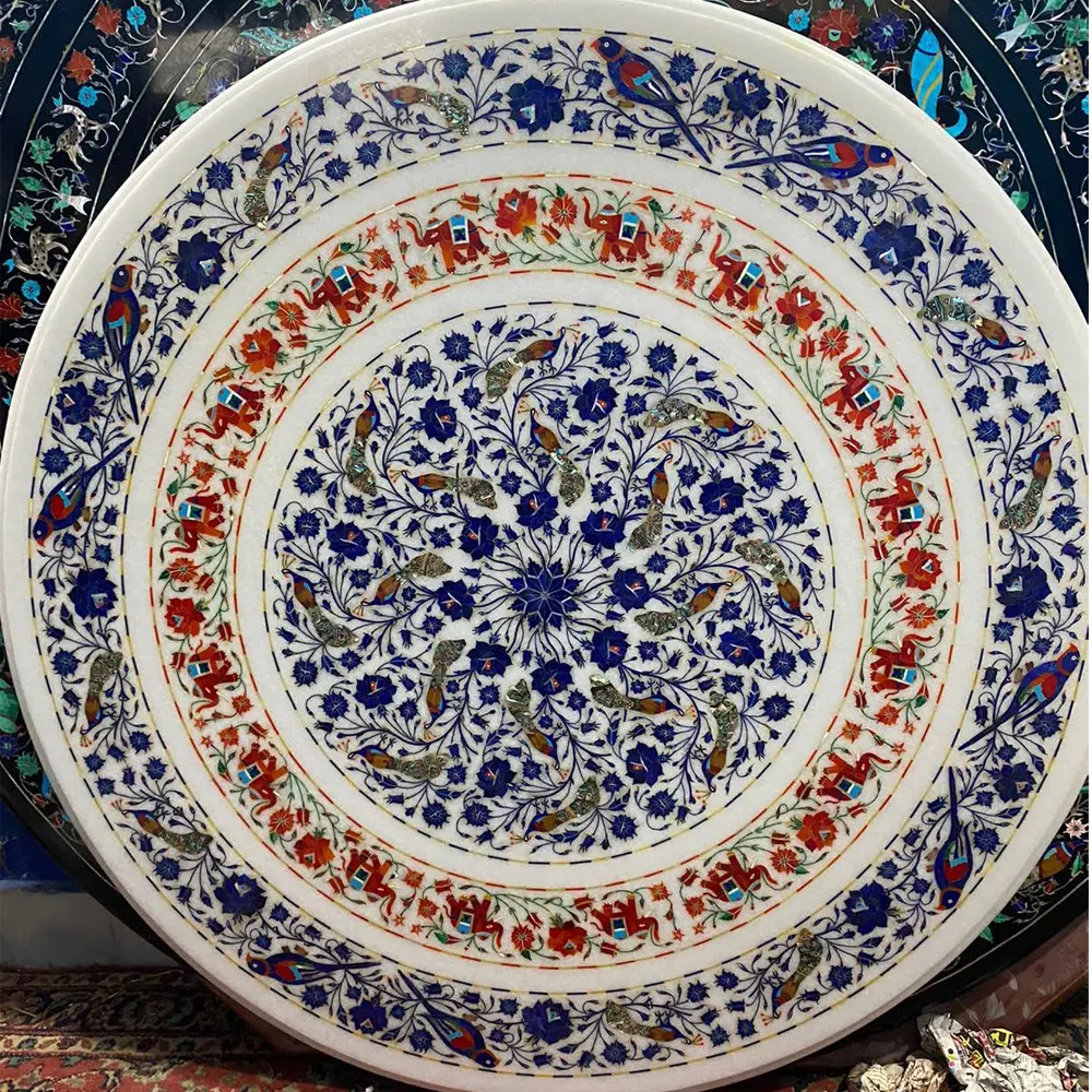 Elegant Piece Round White Marble Inlay Coffee & Center Top India alternate view