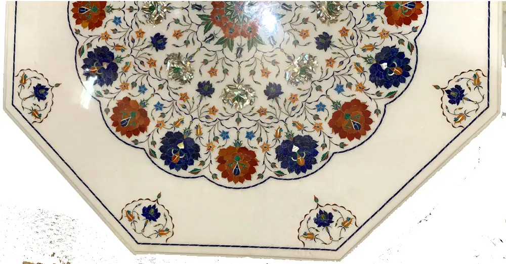 Octagon White Marble Inlay Center Table For Small Space with Multi Semi-precious stone alternate view