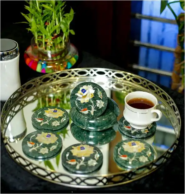 Premium Green Marble Inlay Coaster Set – Handcrafted Floral Design alternate view