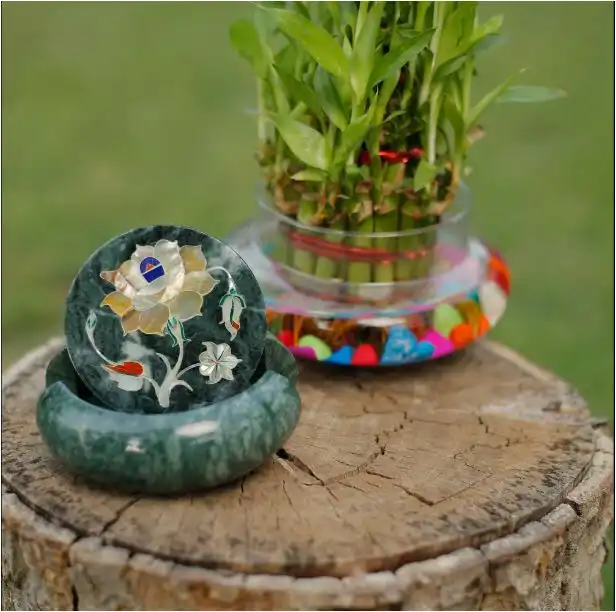 Premium Green Marble Inlay Coaster Set – Handcrafted Floral Design