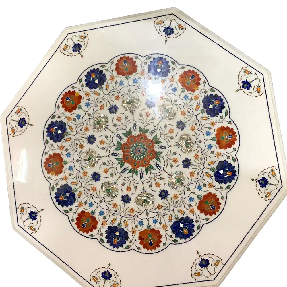 Octagon White Marble Inlay Center Table For Small Space with Multi Semi-precious stone