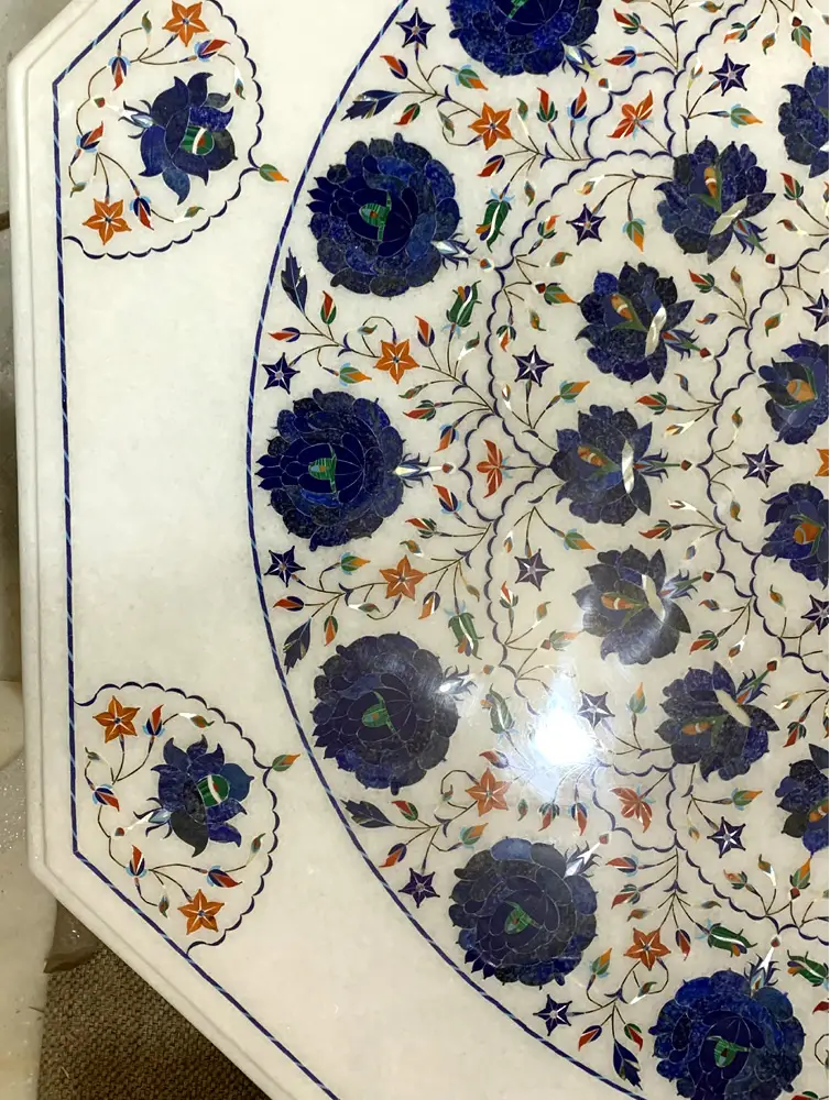 Lapis Stone Octagon White Marble Inlay Center Table For Small Space alternate view