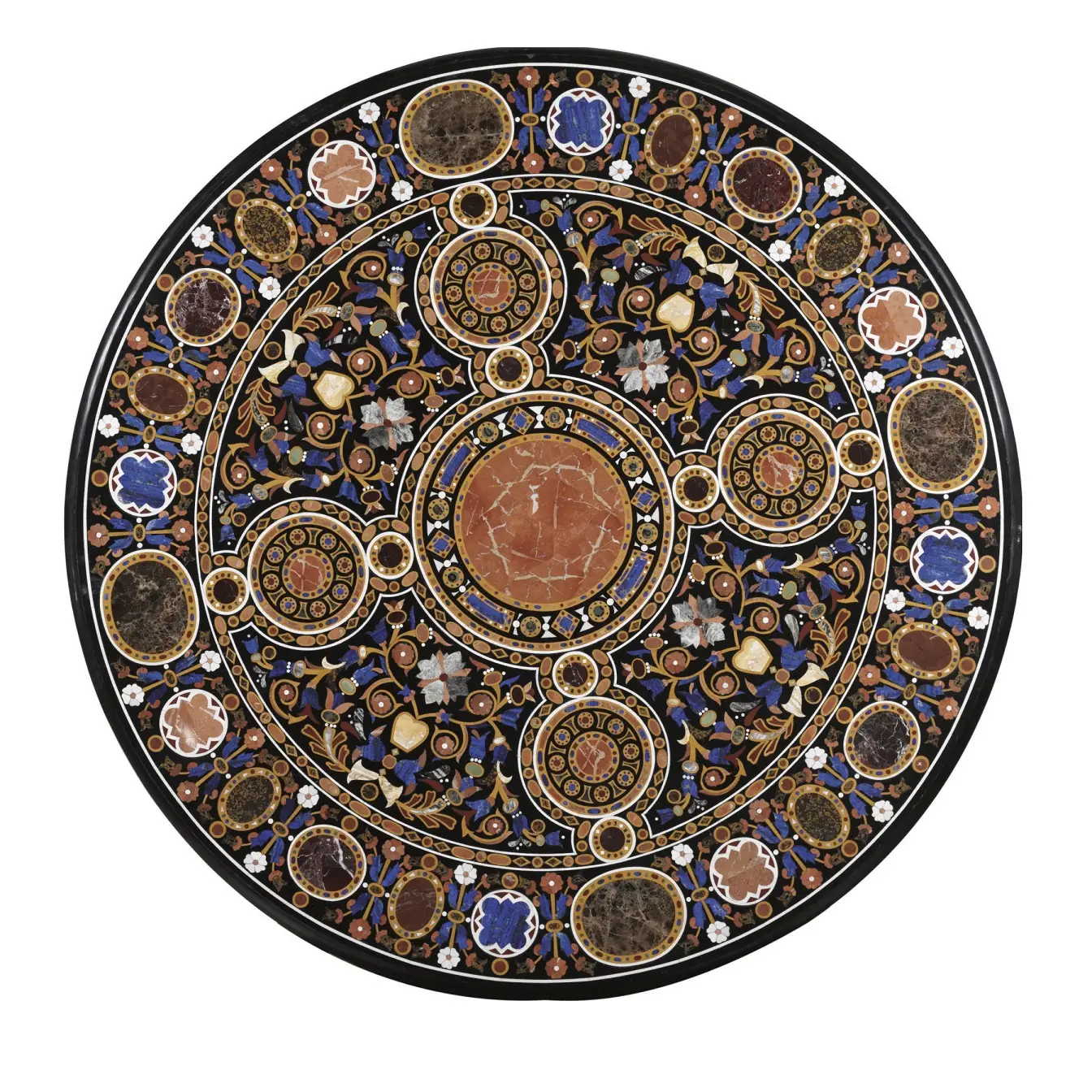 Round Pietra Dura Black Marble Inlay Dining Table Top