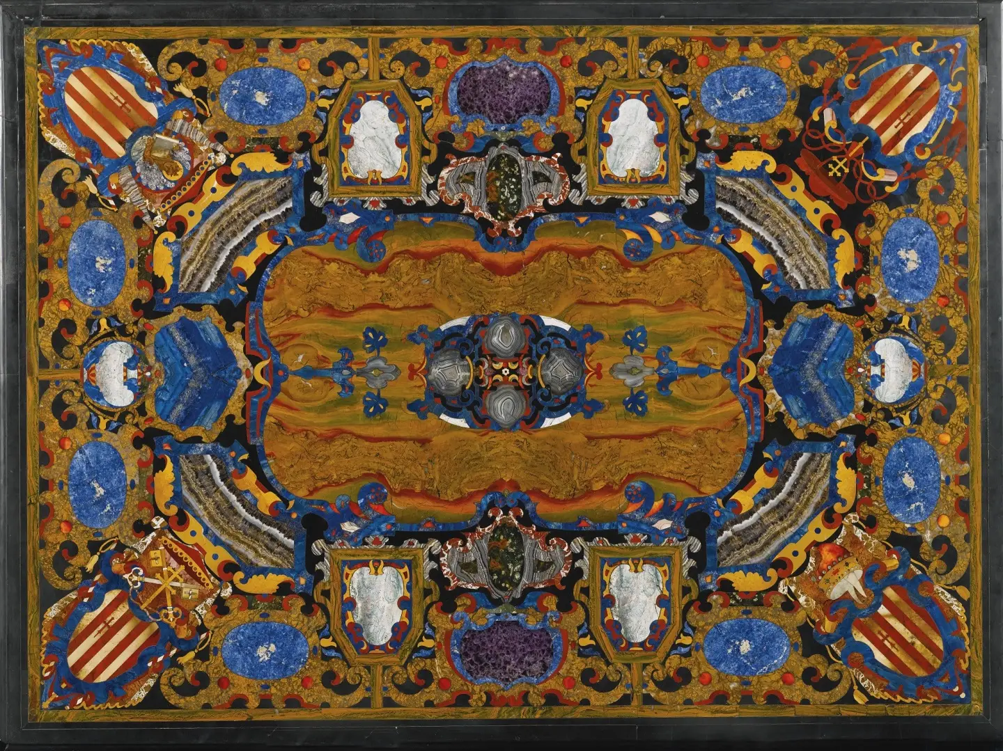 Unique Design Pietra Dura Inlay Black Marble Dining Table Top
