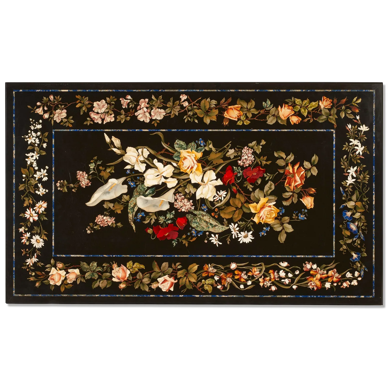 Unique Italian Design Black Marble Inlay Dining Tabletop – Floral Art Handmade in Agra