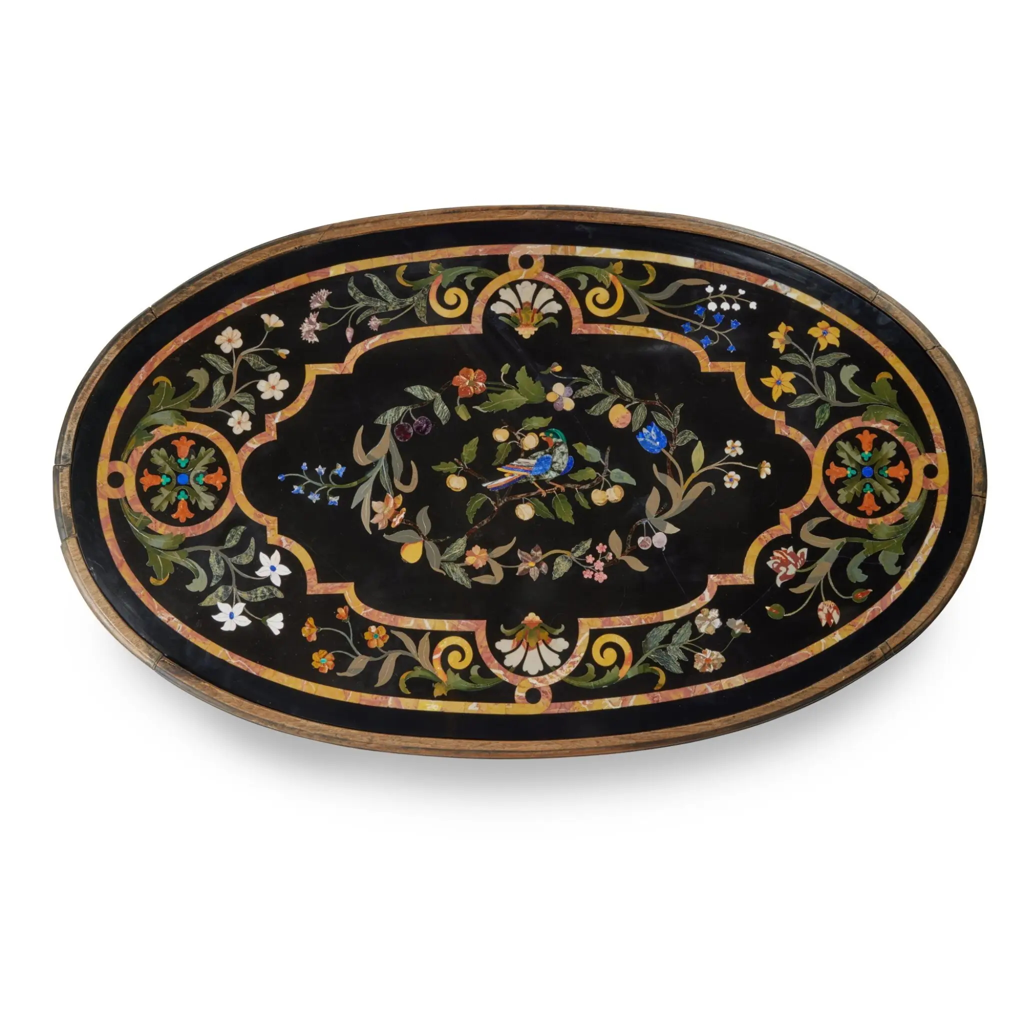 Oval Pietra Dura Marble Inlay Dining Tabletop — Handcrafted Floral & Bird Inlay
