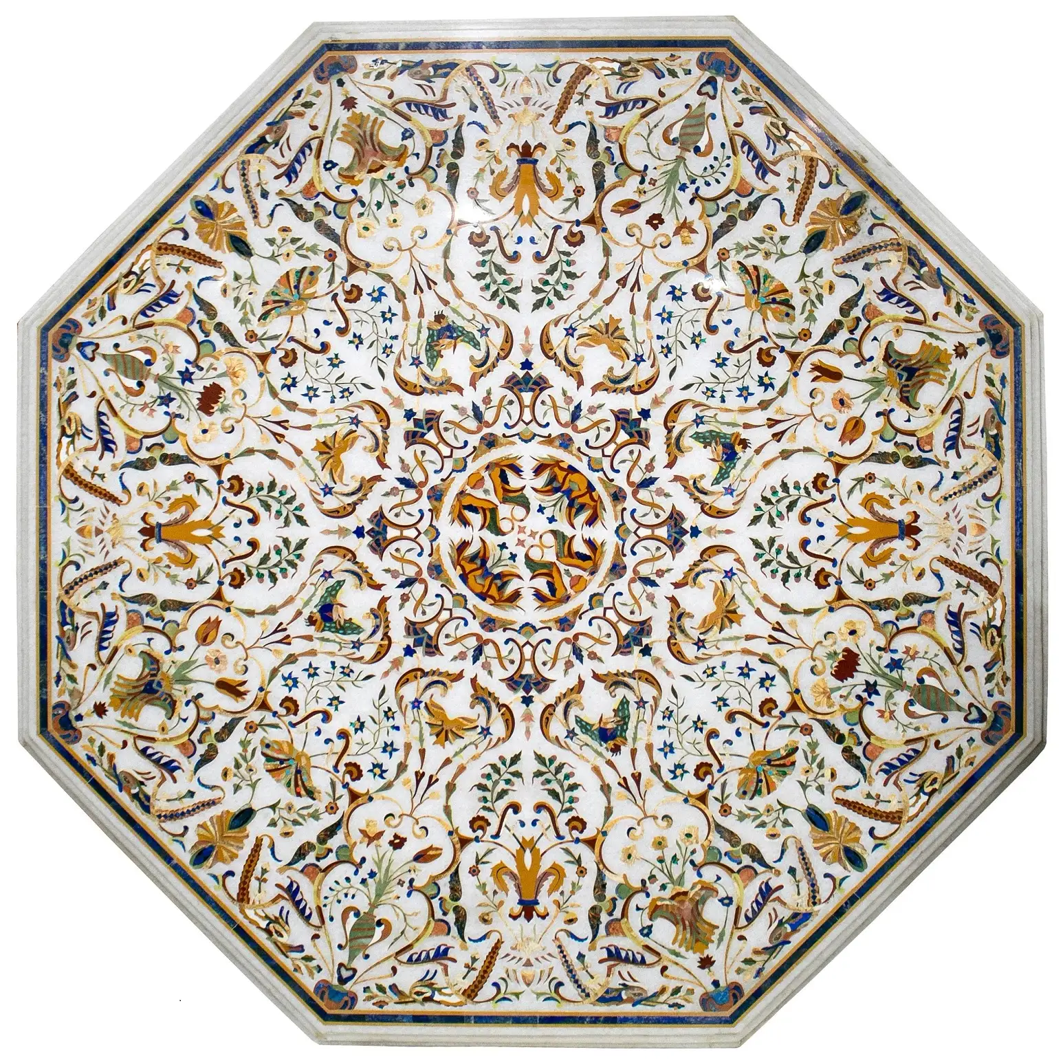 Luxury White Marble Inlay Dining Tabletop – Handmade Floral Design