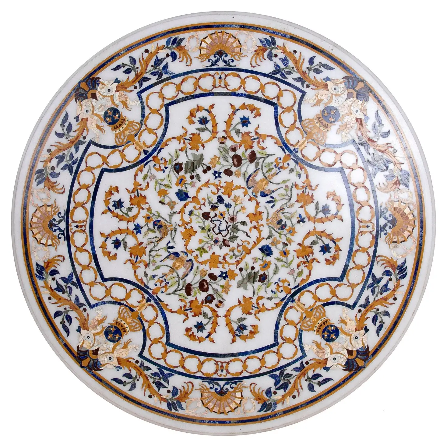 Elegant Italian Design Round White Marble Inlay Dining Table India- Handmade Floral Design