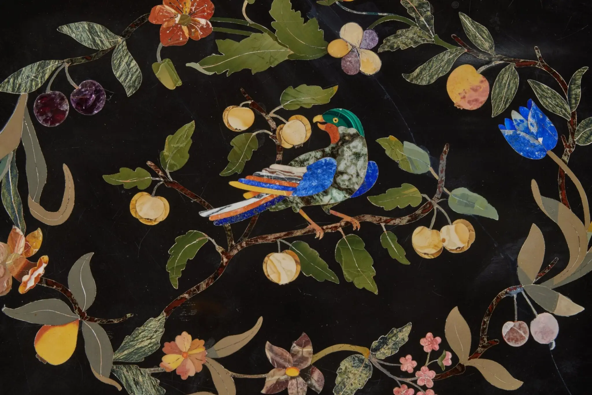 Oval Pietra Dura Marble Inlay Dining Tabletop — Handcrafted Floral & Bird Inlay alternate view