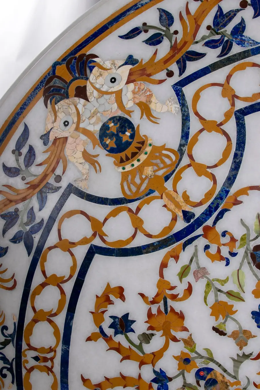 Elegant Italian Design Round White Marble Inlay Dining Table India- Handmade Floral Design alternate view