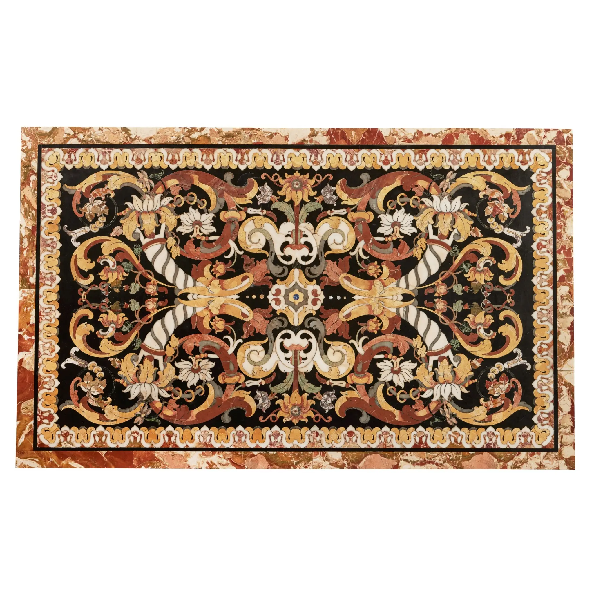 Ornate Marble Inlay Dining Table — Baroque Floral Black Tabletop