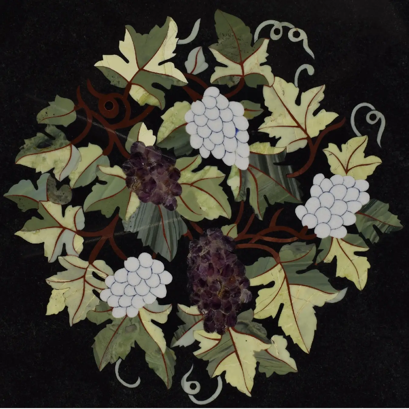 Handcrafted Round Black Marble Floral Inlay Dining Tabletop – Elegant Pietra Dura Art alternate view