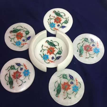 White Marble Inlay Coaster Set – Handmade Parrot Design Stone Coasters
