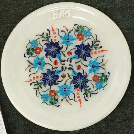 7 Inch White Marble Inlay Plate – Handmade Floral Decorative Plate