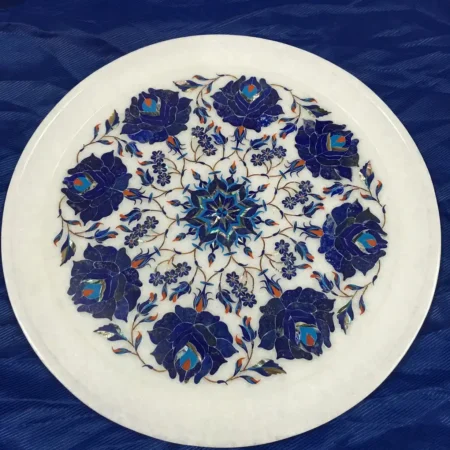 Master Piece White Marble Plate online with Inlay Lapis-Lazuli Stone