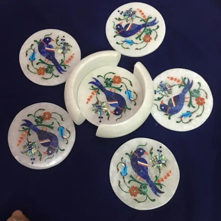 White Marble Inlay Coaster Set – Parrot and Lapis Design Handmade Stone Coasters
