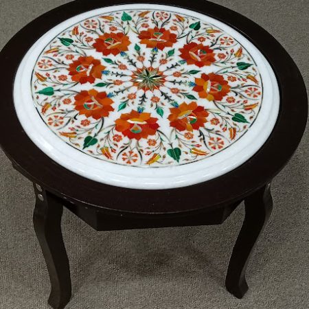 16 Inch Round Marble Inlay End Table – Handmade Side Table for Small Spaces