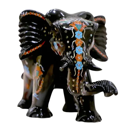 Trunk Down Black Marble Inlay Elephant Figure