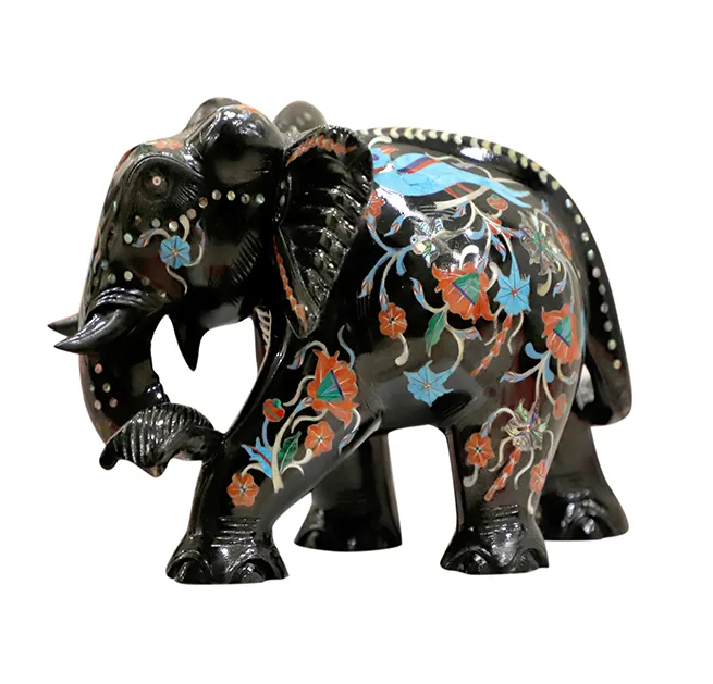 Trunk Down Black Marble Inlay Elephant Figure alternate view