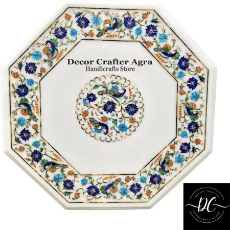 White Marble Inlay Octagonal Side Table – Peacock Pietra Dura Accent Table