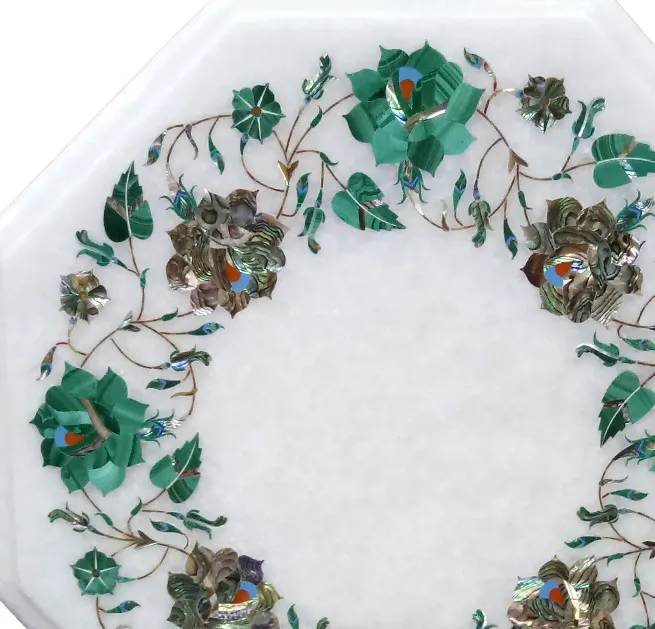 Malachite & Abalone Shell Inlaid Marble Side Table Top alternate view